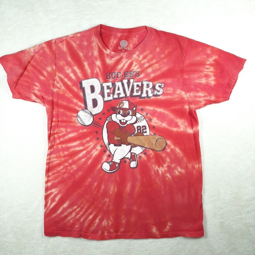 Buc-ee's Beavers Baseball Tie Dye Shirt Mens Medium Red Short Sleeve Graphic Tee